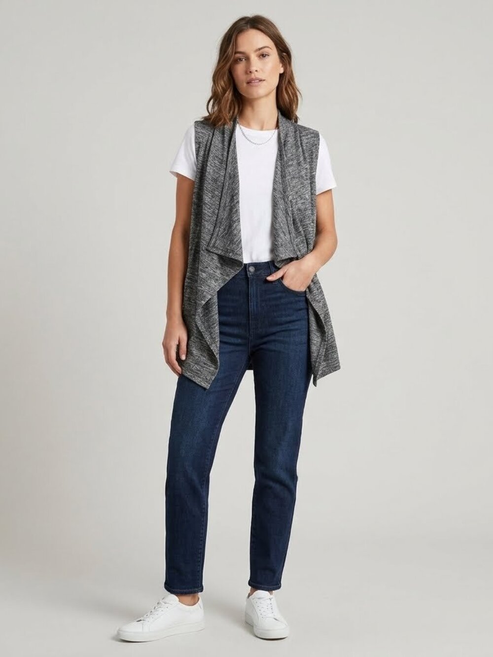 just be Charcoal Gray Sleeveless Draped Open-Front Cardigan L
